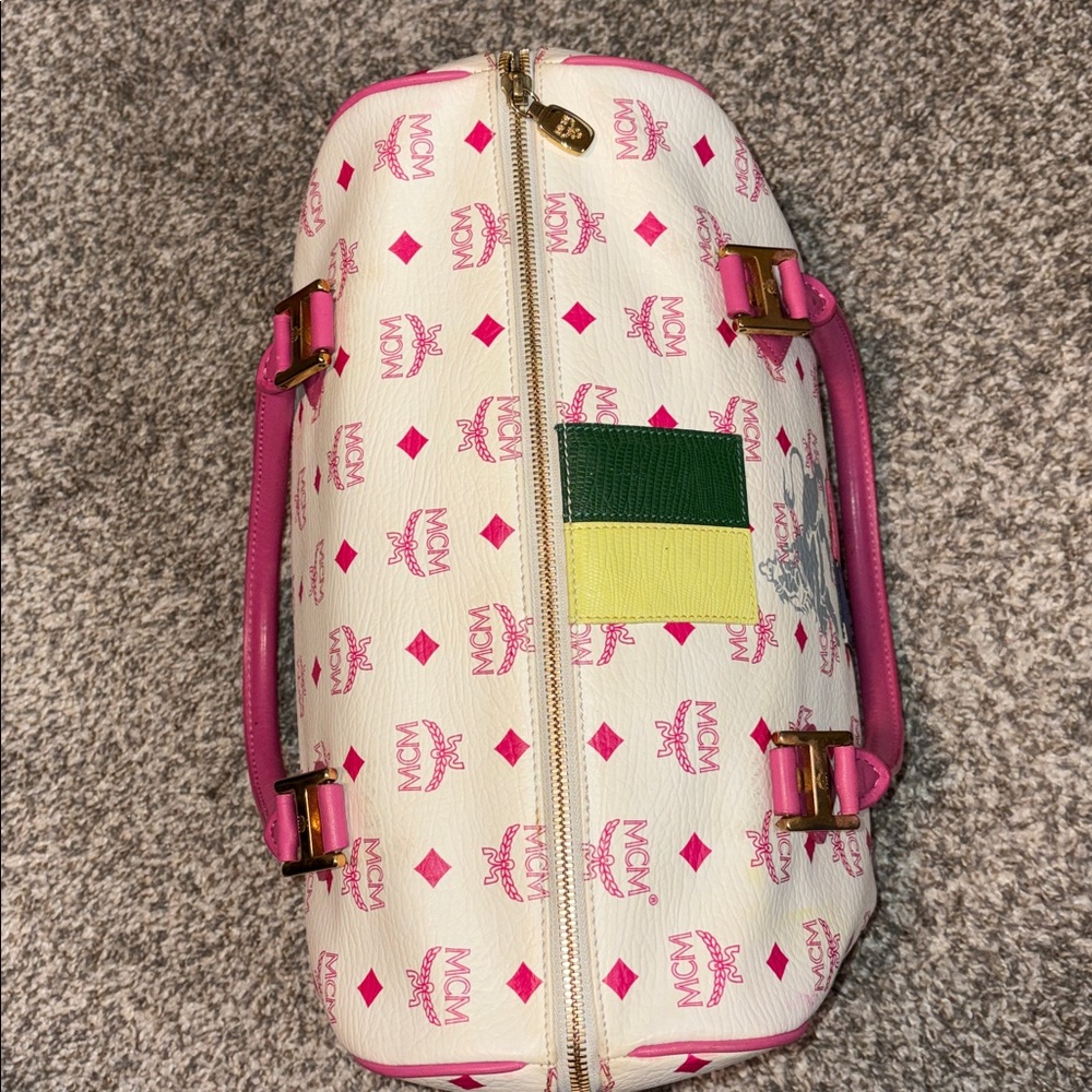 MCM White Satchel with Pink Handles and Multicolor Stripe - Picture 6 of 10